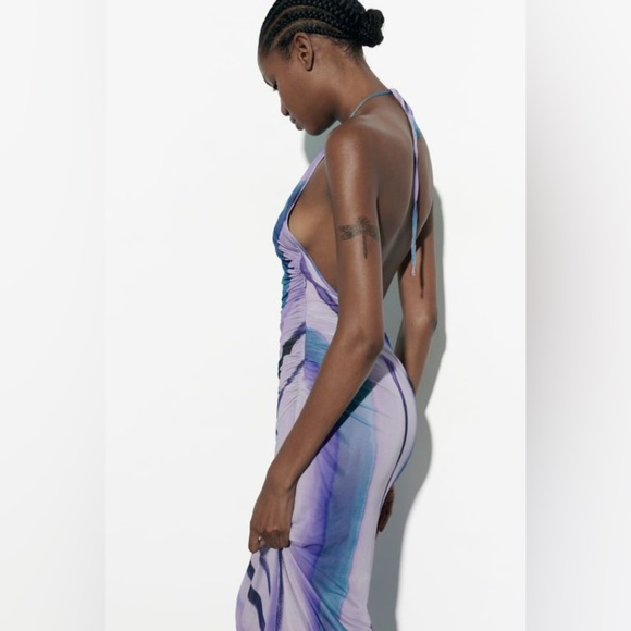 Zara Printed Tulle Mesh Halter Top Open Back Bodycon Midi Dress - Picture 8 of 15